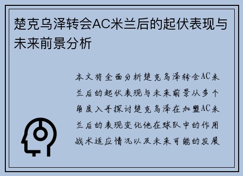 楚克乌泽转会AC米兰后的起伏表现与未来前景分析